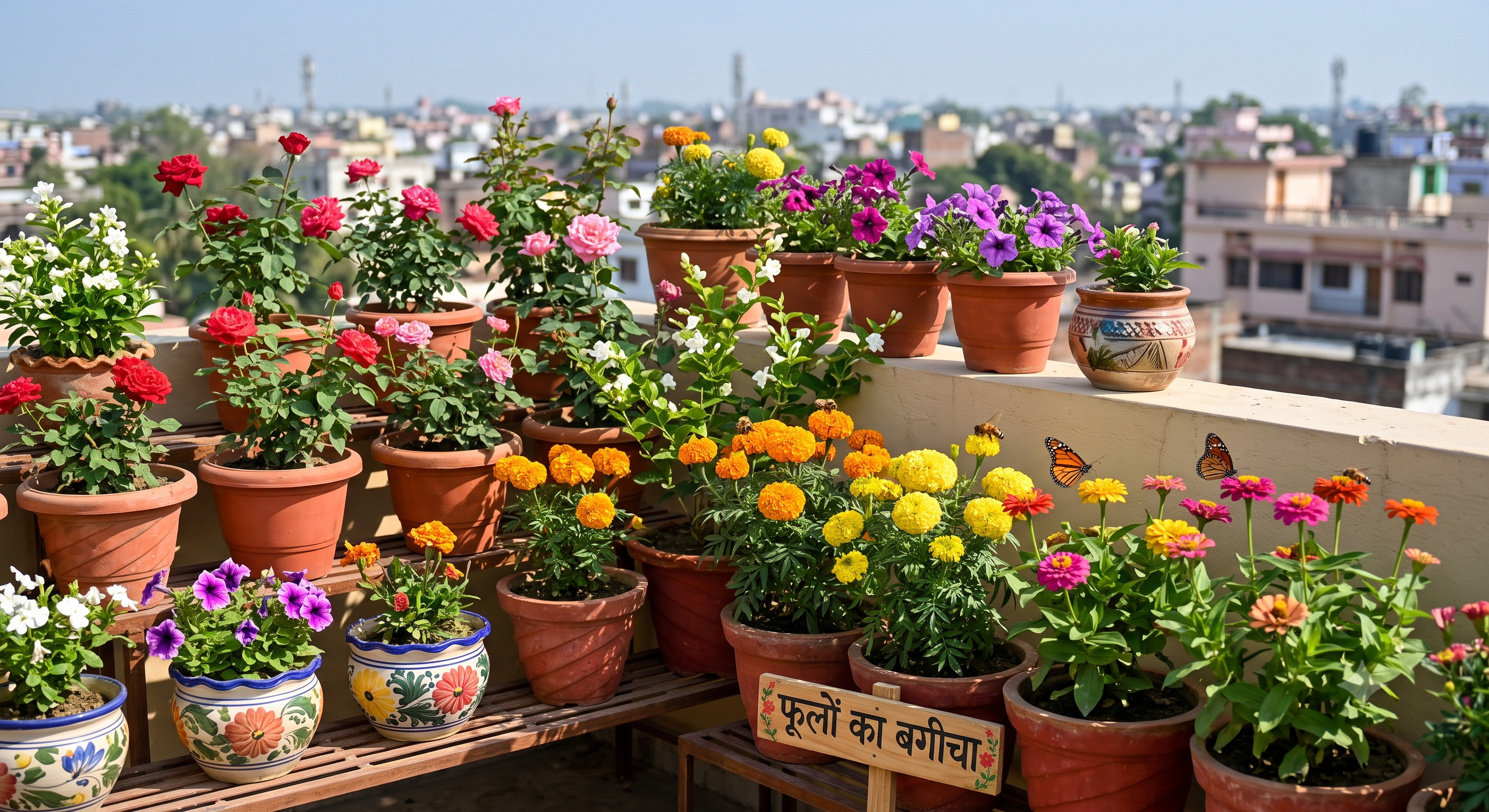 Colorful rooftop flower garden attracting bees and butterflies