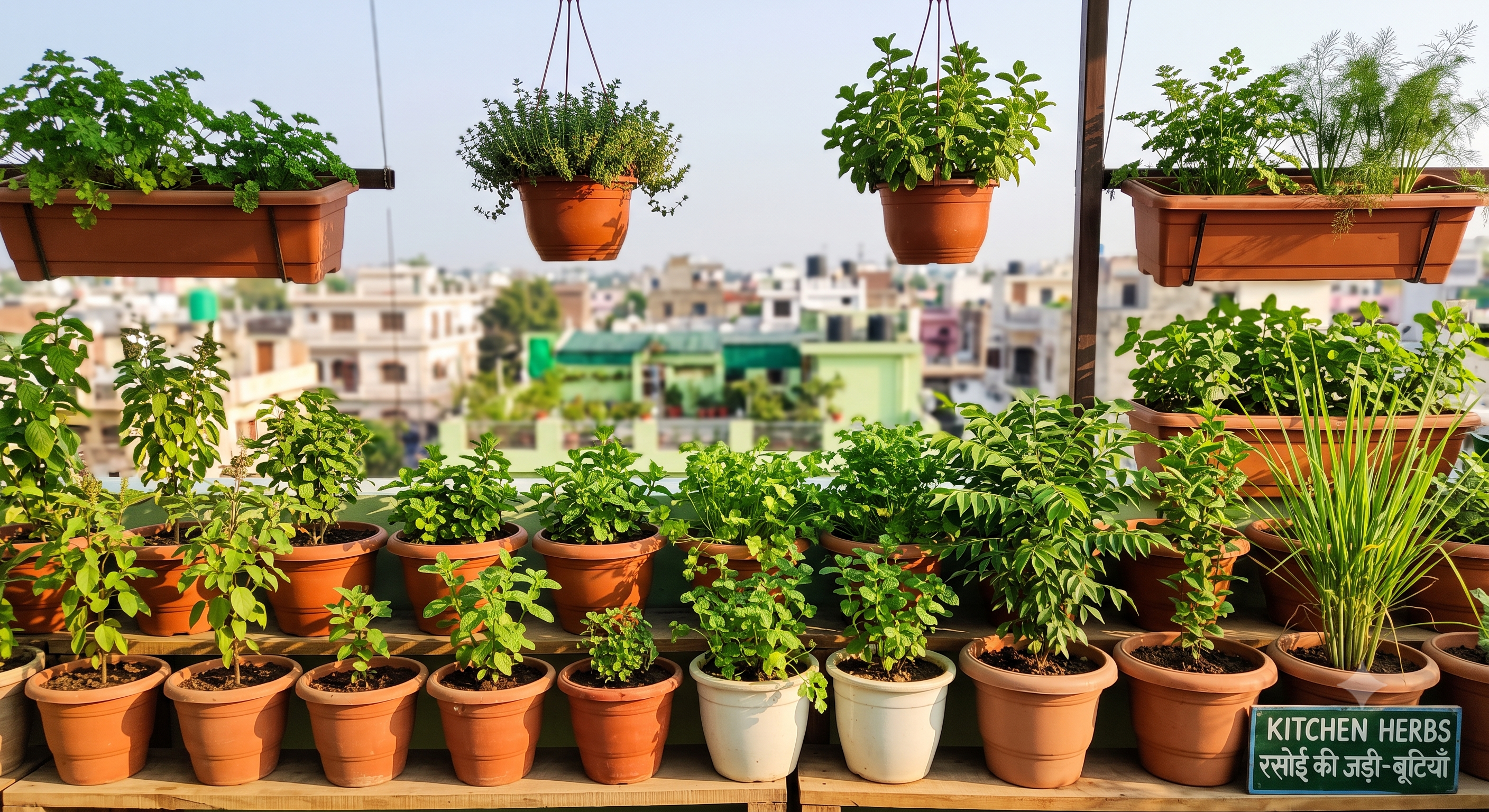 Kitchen herbs grown in rooftop pots and hanging planters
