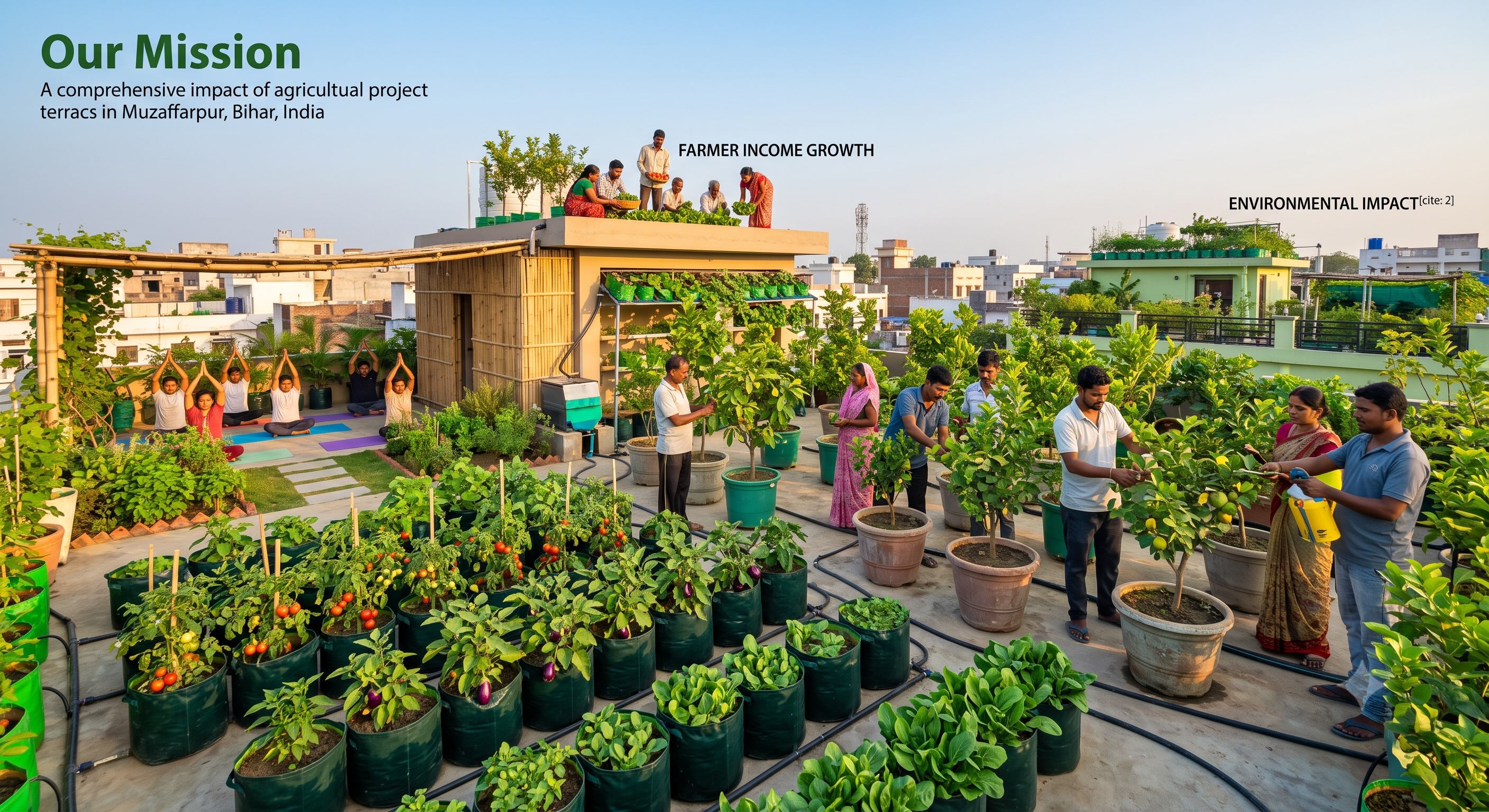 Family growing fresh food in a rooftop garden