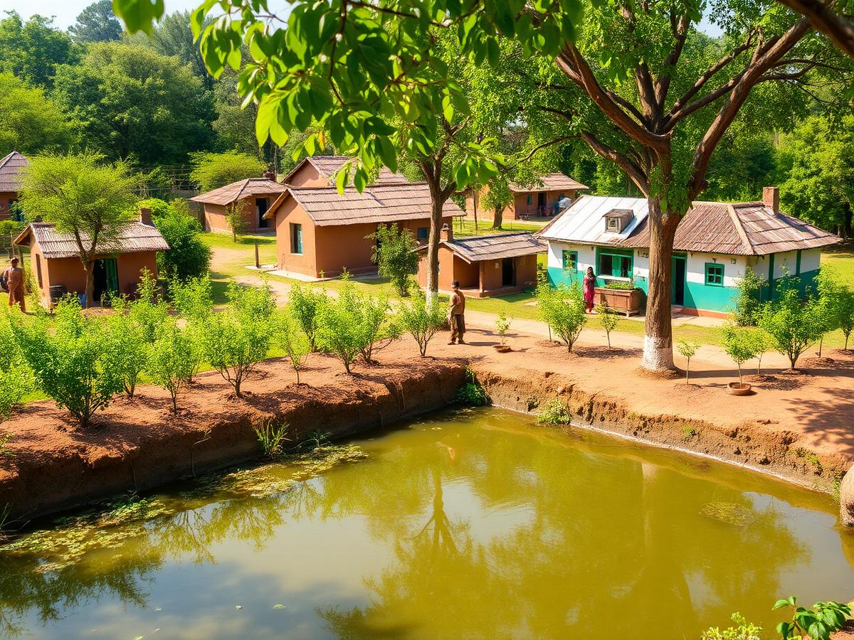 Green Indian village with plantation and clean pond