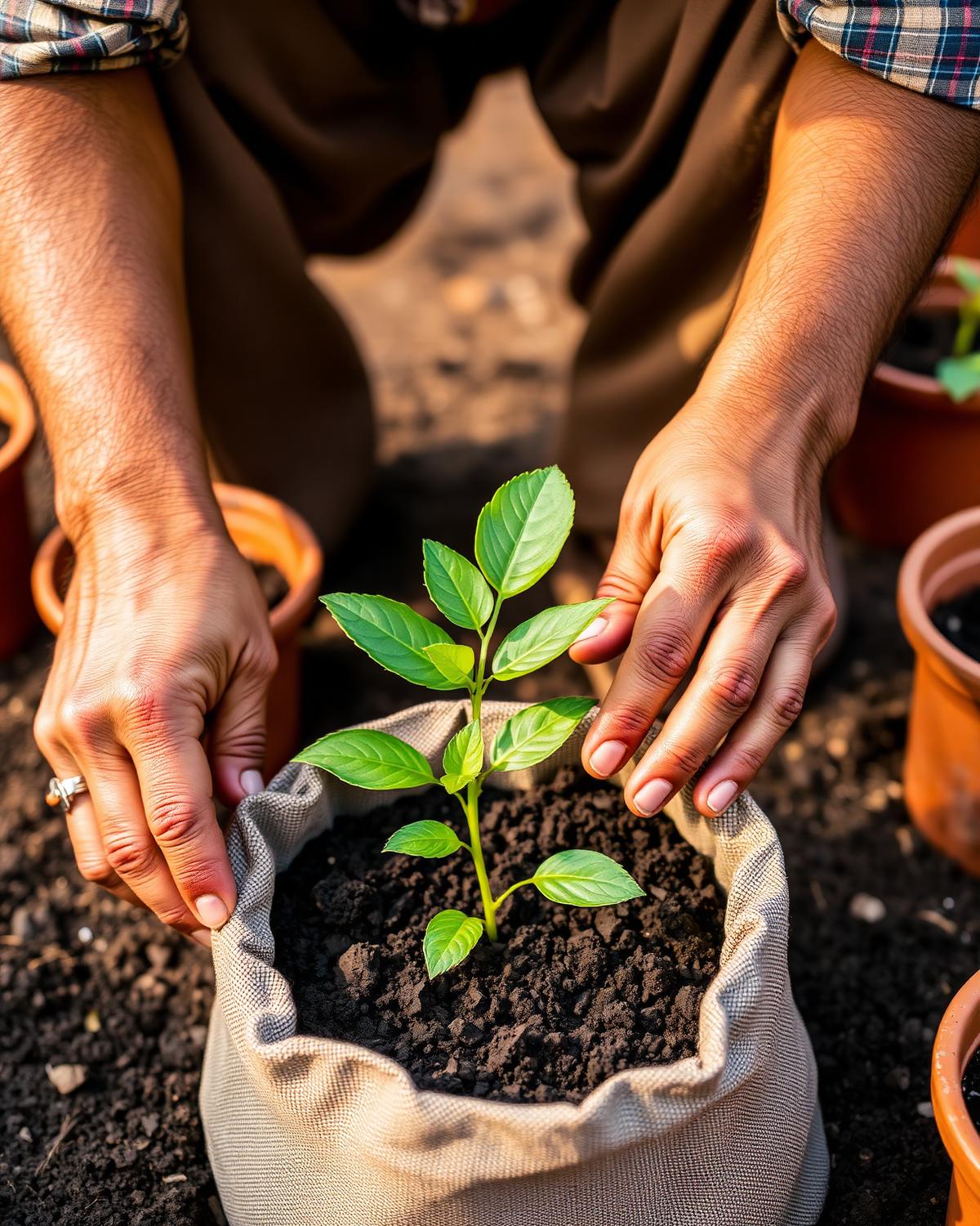 Hands planting a seedling in a grow bag